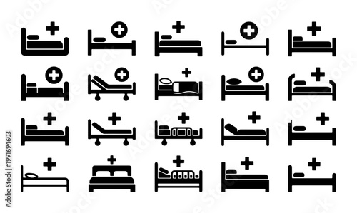Medical hospital bed icon set, 20 black silhouette clinic furniture symbols, healthcare facility and emergency room equipment vector collection