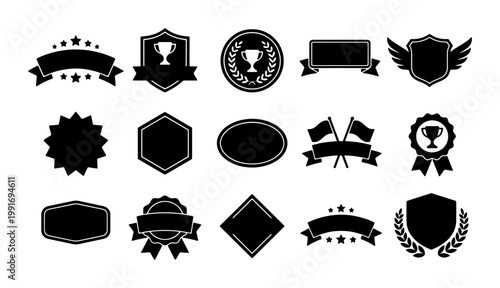 Vintage trophy badges and award labels collection, 15 black silhouette heraldic shield icons, retro premium quality seal set for branding and sports
