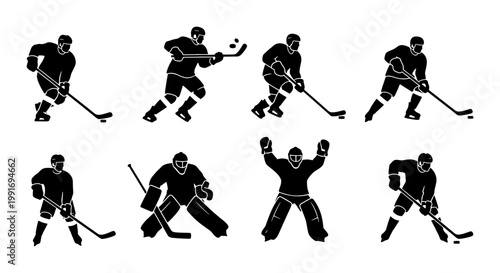 Canvas Print Ice hockey player silhouettes set, professional athlete figures in action poses,