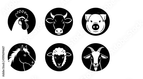 Billede på lærred Minimalist farm animal icons set, black and white livestock head silhouettes, 6