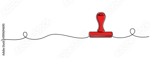 Red rubber stamp pressing down on white minimal background continuous line. no editable strokes