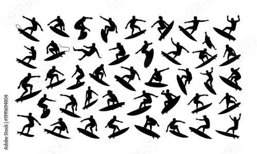 Surfing silhouette collection, black surfer figures riding waves on surfboards, athletic water sports vector set for summer beach designs