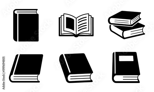 Minimalist book icon set with 6 black vector silhouettes, academic library symbols, literature and education graphic elements for web design