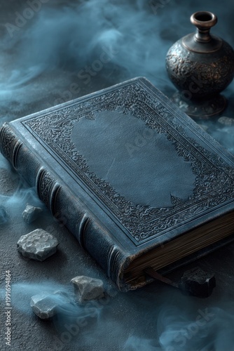 Antique leather book with ornate cover and mystical ambiance