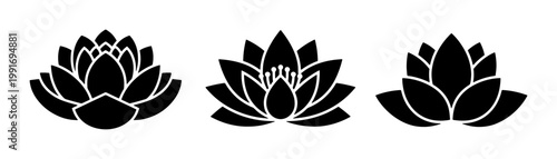 Minimalist lotus flower icons, set of 3 black water lily silhouettes, zen floral vector graphics for yoga and wellness branding