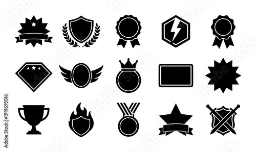 Minimalist black badge icons set, 15 vector trophy and award symbols, heraldic shield and medal silhouettes for gaming and business branding