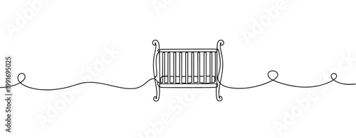 Baby crib centered on continuous line nursery interior scene. no editable strokes
