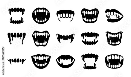 Vampire fangs and monster teeth collection, set of 15 black silhouette mouth icons, spooky halloween dental fangs, gothic horror vector elements