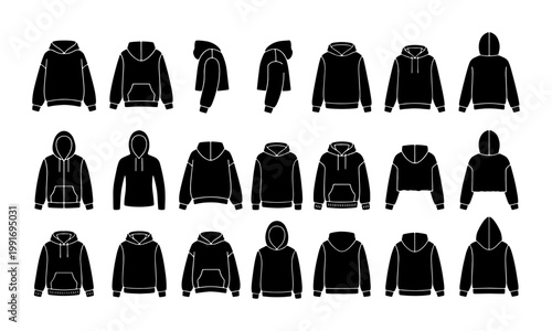 Hoodie vector silhouette set, black sweatshirt apparel mockups, 21 clothing icons for fashion design, streetwear garment templates for tech packs