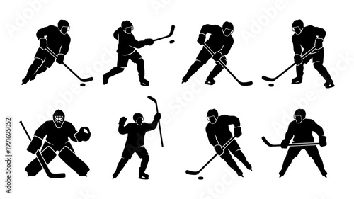 Photography Ice hockey player silhouettes set, professional athlete action poses with sticks