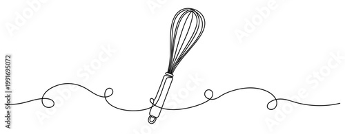 Whisk suspended tilted over white surface continuous line drawing. no editable strokes
