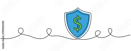 Shield with dollar sign centered on continuous line background. no editable strokes