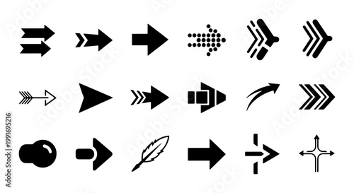 Black arrow icon set with 18 vector elements, minimalist directional pointers for navigation, modern graphic symbols for web design and interface