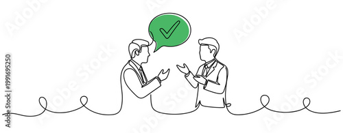 Two men discussing agreement with check mark in dialogue. no editable strokes