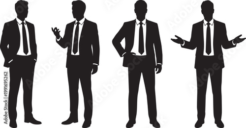 Professional businessman silhouettes set featuring executive corporate leader with different standing poses and gestures in formal suits isolated flat vector illustration for business.