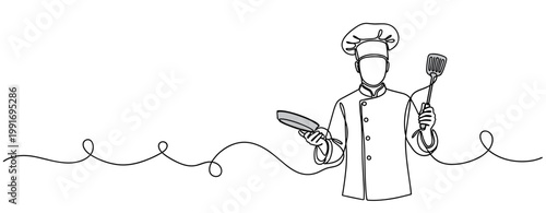 Chef holding spatula and plate in continuous line drawing. no editable strokes