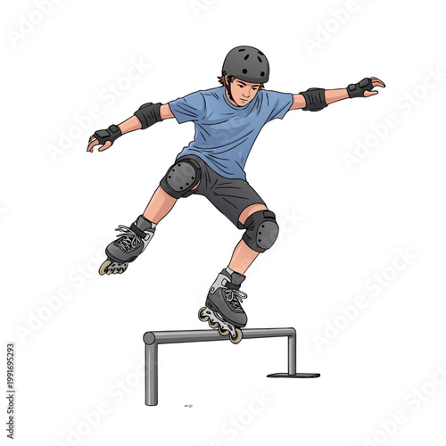 Teen boy performing tricks on inline skates over a rail  