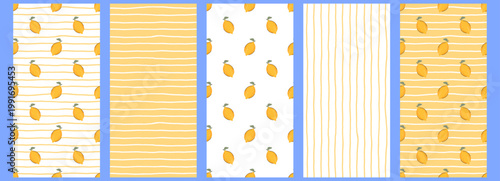 Blue lemon background with seamless fruit pattern for summer. Picnic and gingham food holiday theme through checkered set. Drawn texture with italian floral accents for simple.