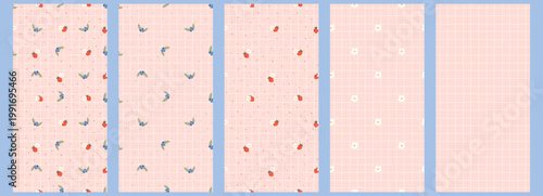 Seamless spring berry pattern with pastel summer gingham. Delicate line flower plus blueberry soft blue picnic wave. Background or tablecloth illustration through vector grid.