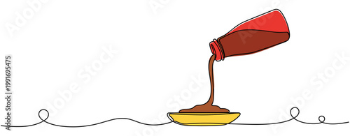 Sauce bottle pouring condiment onto small plate over line. no editable strokes