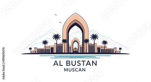Stylized illustration of a desert palace with palm trees and mountains