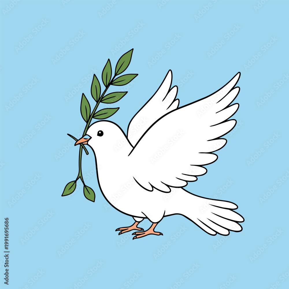 Fototapeta premium A cartoon white dove flies across the blue sky while holding a green olive branch