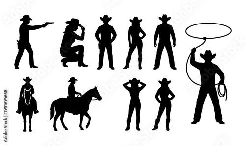 Photos Wild West cowboy silhouettes set, black western outlaw and cowgirl figures, 10 v