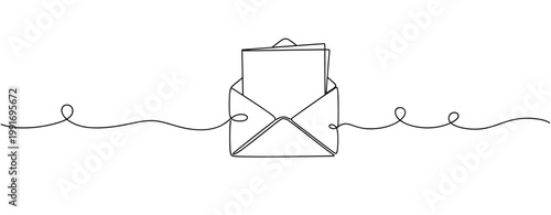 Open envelope with letter on continuous line background. no editable strokes