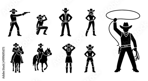 Photos Wild West cowboy silhouette set, 9 western outlaw and cowgirl vector icons, hors
