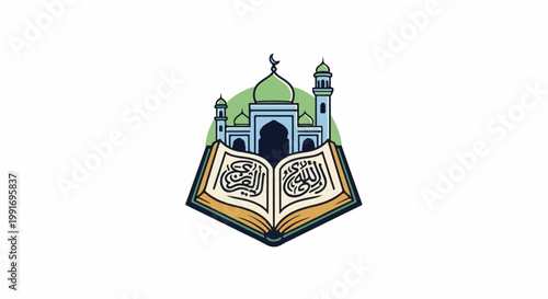 Stylized mosque illustration with open holy book below