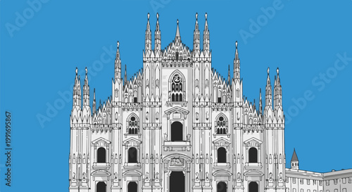 Stylized Gothic cathedral with intricate spires against a vibrant blue sky