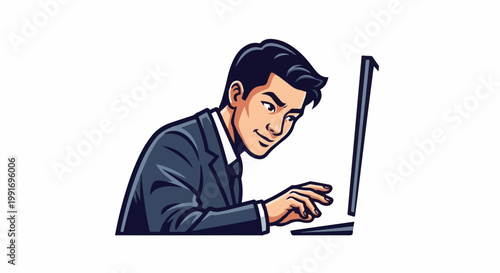 Stylized man in a suit focused on a computer screen, typing