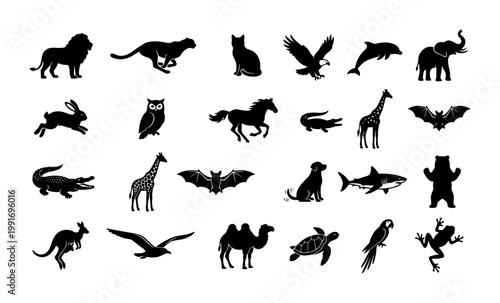 Black animal silhouettes set, 24 wild and domestic animal vector icons, minimalist wildlife fauna collection for logo design and infographics