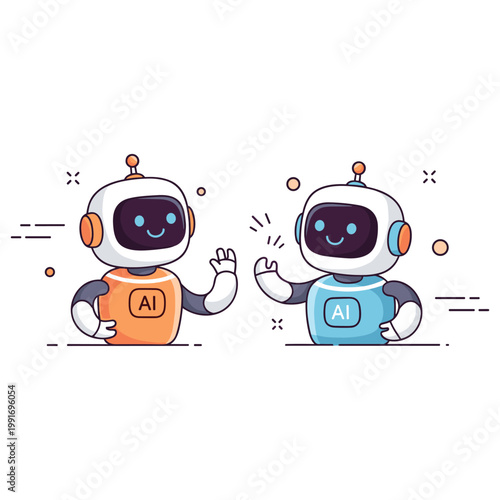 Cute cartoon robots interacting cheerfully with ai technology symbols