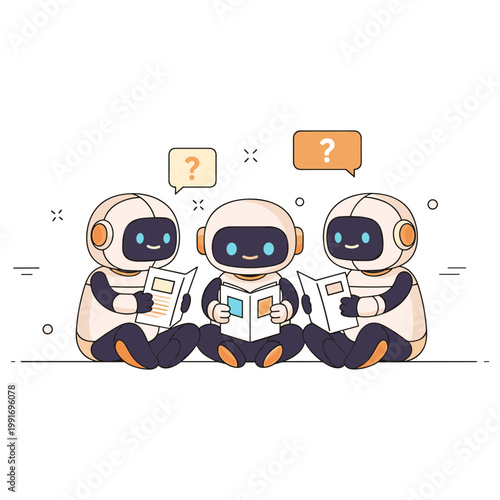 Cute cartoon robots reading books with question marks and speech bubbles