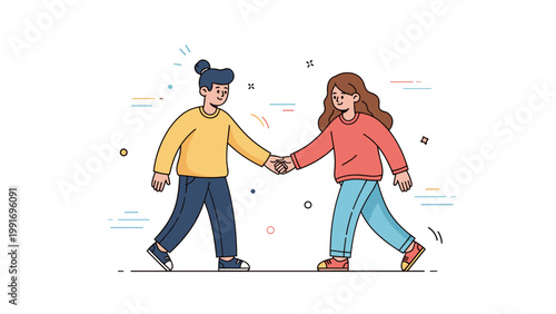 Two young females holding hands smiling cartoon illustration