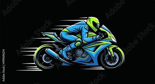 Stylized illustration of a fast-moving motorcycle racer in blue and neon green