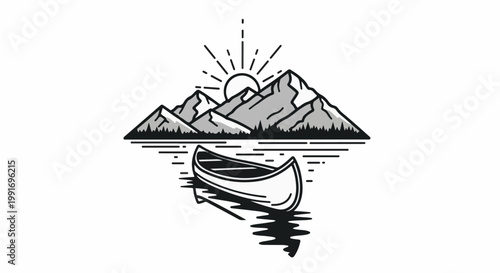 Stylized graphic of a canoe floating on calm water with mountains and sun