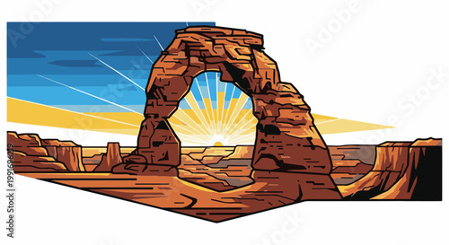 Stylized illustration of a natural rock arch formation in a desert landscape at sunrise