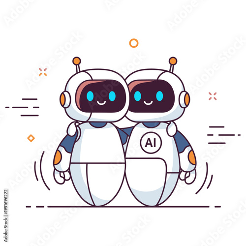 Cute cartoon robots hugging with smiling faces and antennas