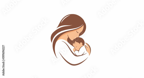 Stylized mother embracing sleeping infant in warm brown and white tones