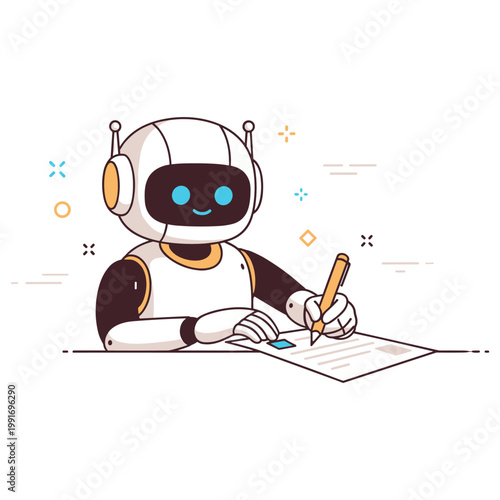 Cute robot drawing with pen in simplistic style
