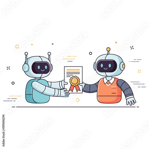 Cartoon robots exchanging award certificate with smiling faces