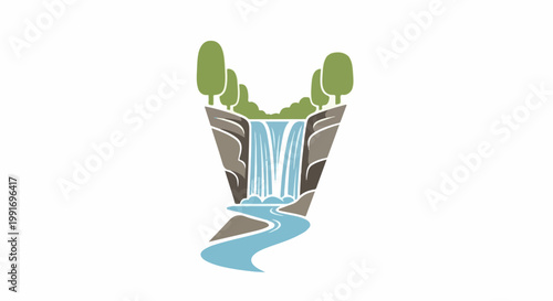 Stylized graphic of a waterfall cascading into a river, bordered by trees