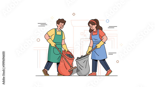 Young caucasian male and female adults cleaning together indoors with aprons and gloves