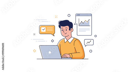 Young caucasian male analyzing data on laptop with growth charts and communication icons