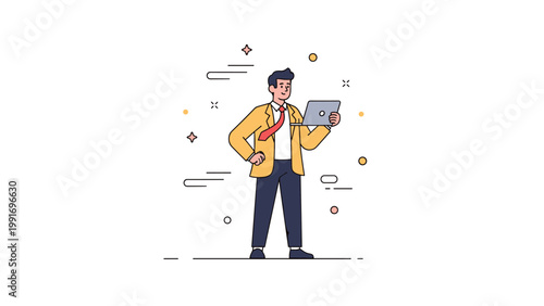 Young caucasian male cartoon with laptop in business attire
