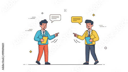 Cartoon of two young caucasian males in conversation with speech bubbles