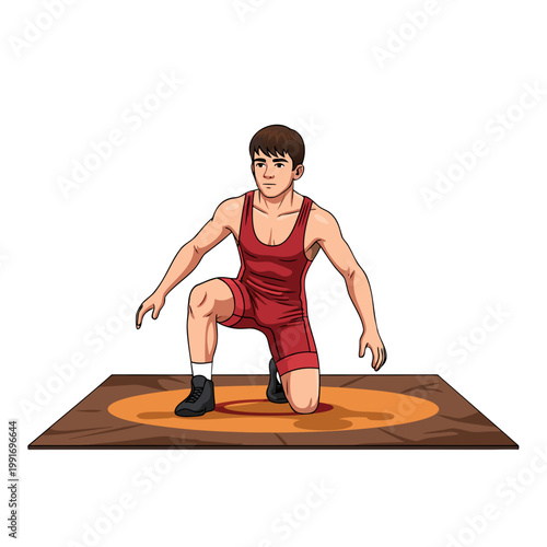 Young male wrestler preparing to compete on wrestling mat  