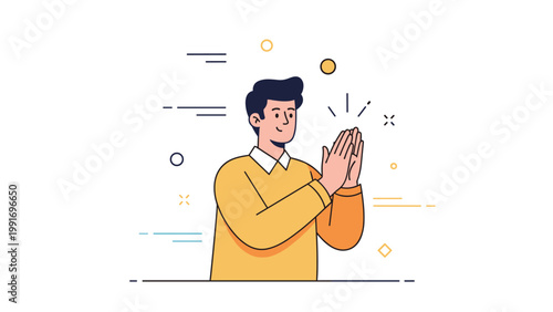 Young caucasian male cartoon character clapping with cheerful expression in yellow sweater